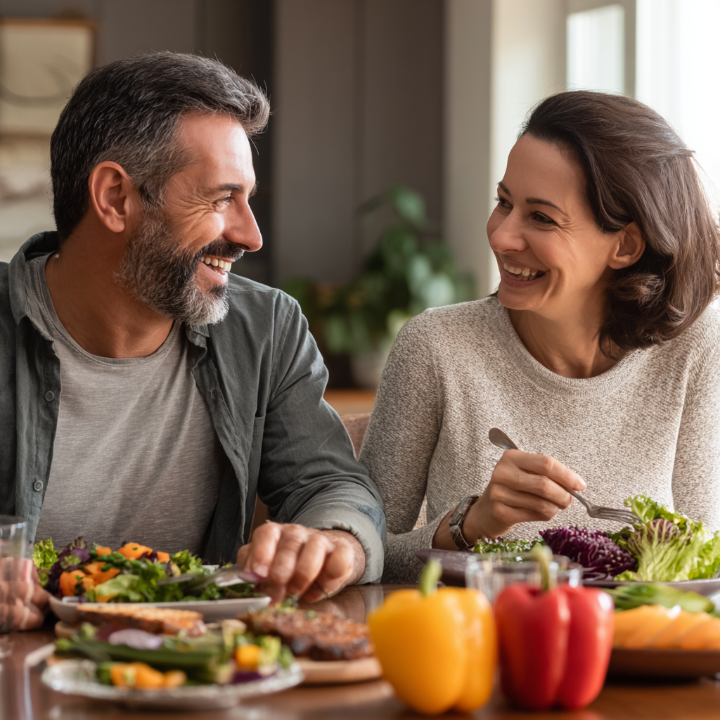 Healthy Romanian family preparing nutritious meal together in modern kitchen, smiling while organizing colorful fresh vegetables and fruits