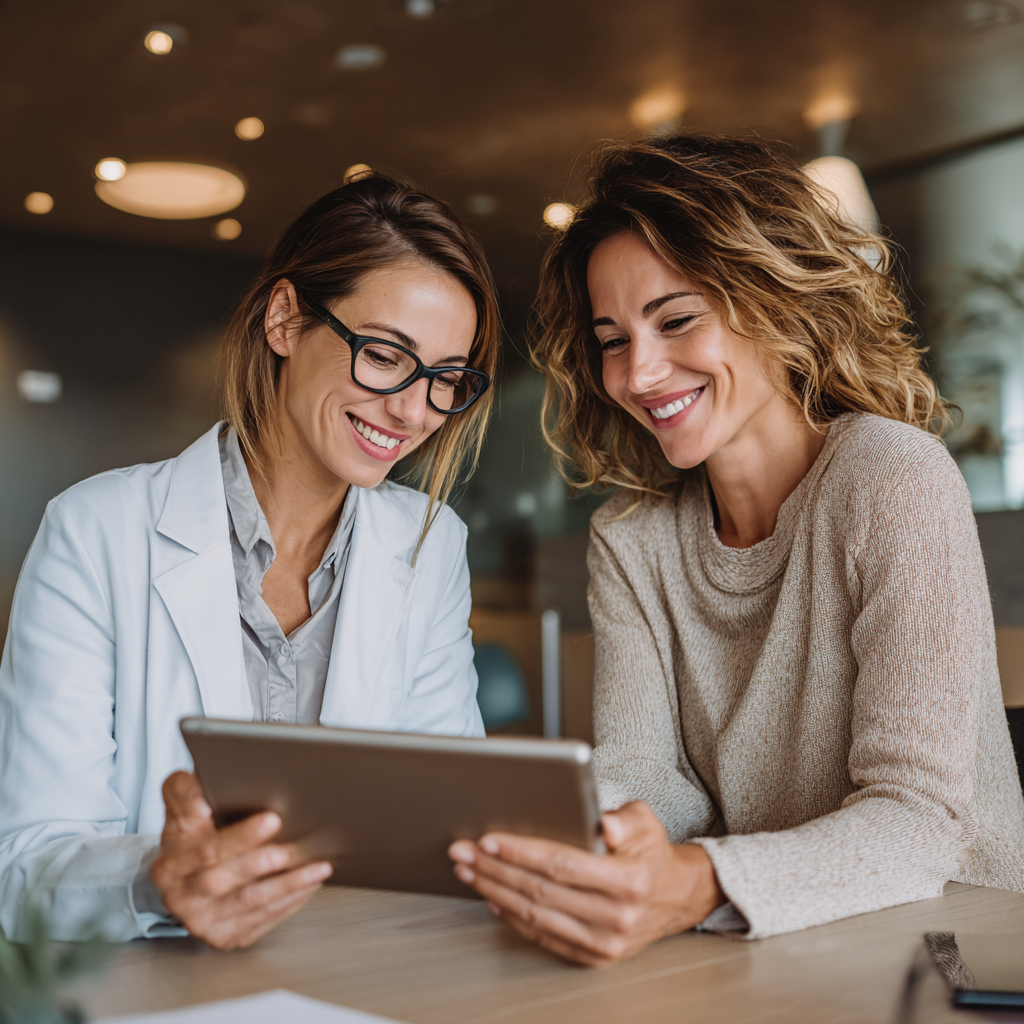 Professional Romanian nutritionist consulting with client, both smiling while reviewing personalized nutrition modules on tablet in modern wellness office